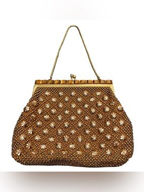 Vintage 1950s Hong Kong Gold Embellished Metal Frame Evening Bag